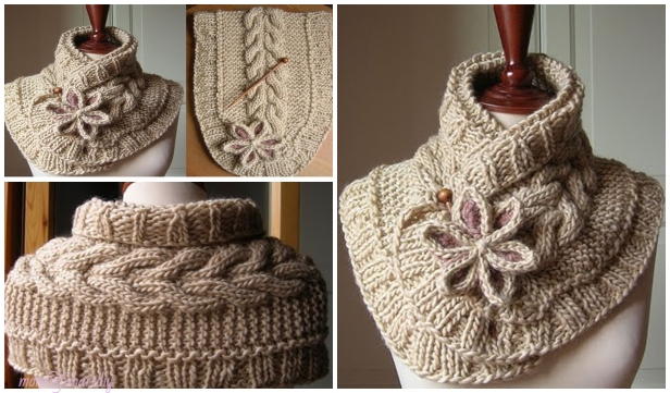 Cable Knit Scarf Neck Warmer with Flower Free Pattern
