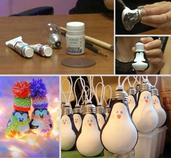 50 Christmas Ornament DIY Ideas, Projects with Tutorials1 - DIY lightbulb Penguin Tutorial