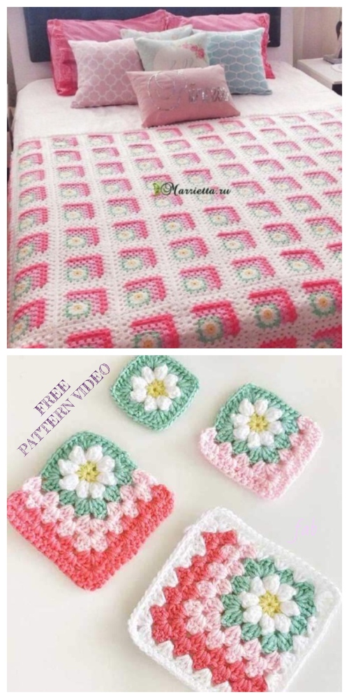 Crochet Mitered Daisy Flower Blanket Free Crochet Pattern + Video