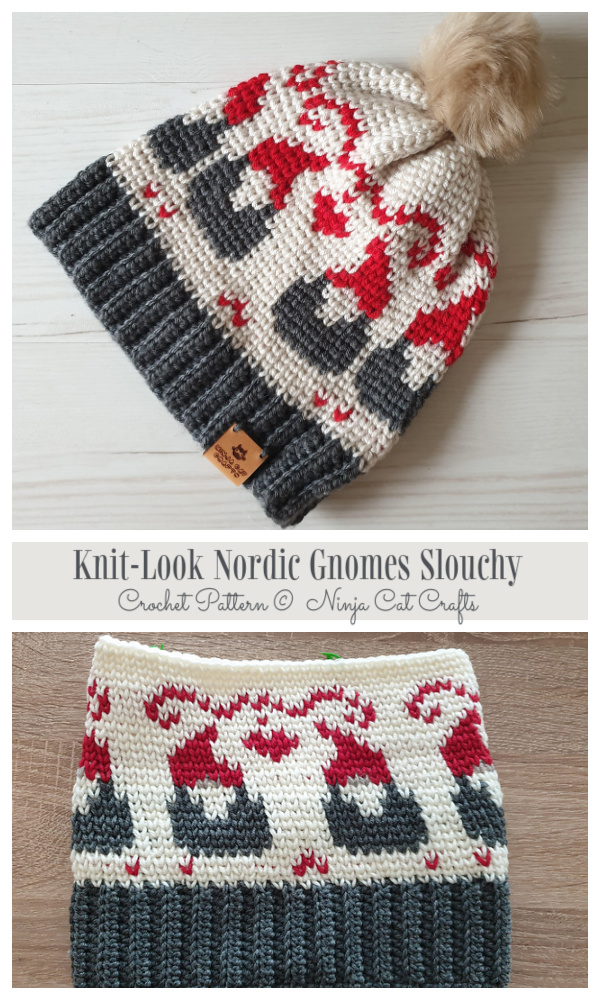 Knit-Look Nordic Gnomes Slouchy Beanie Hat Crochet Patterns 