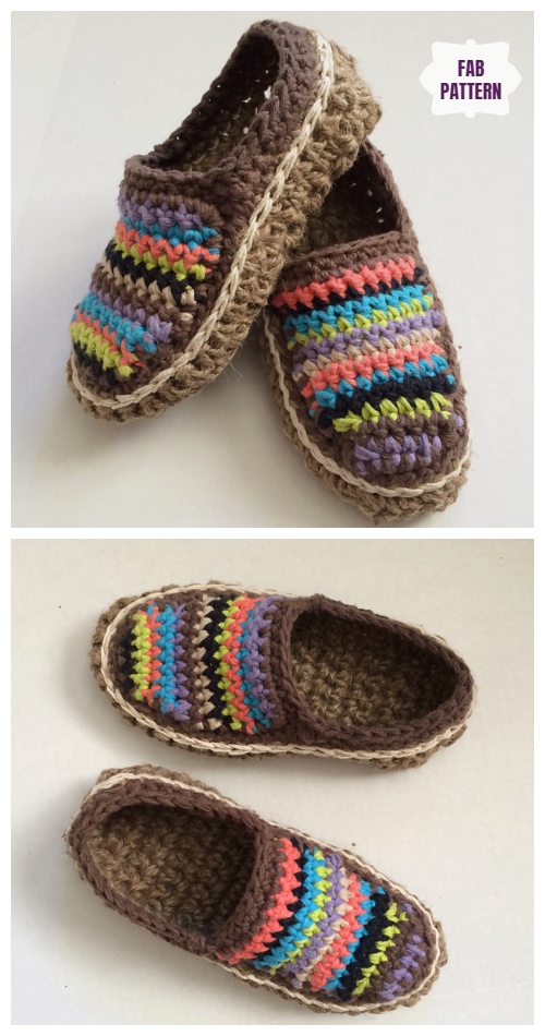 Adult Moccasin Slipper Shoes Crochet Patterns - Crochet Striped Moccasins 