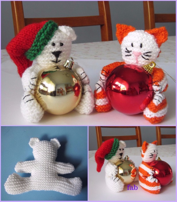 Knit Christmas Bear & Cat Baubles Free Patterns