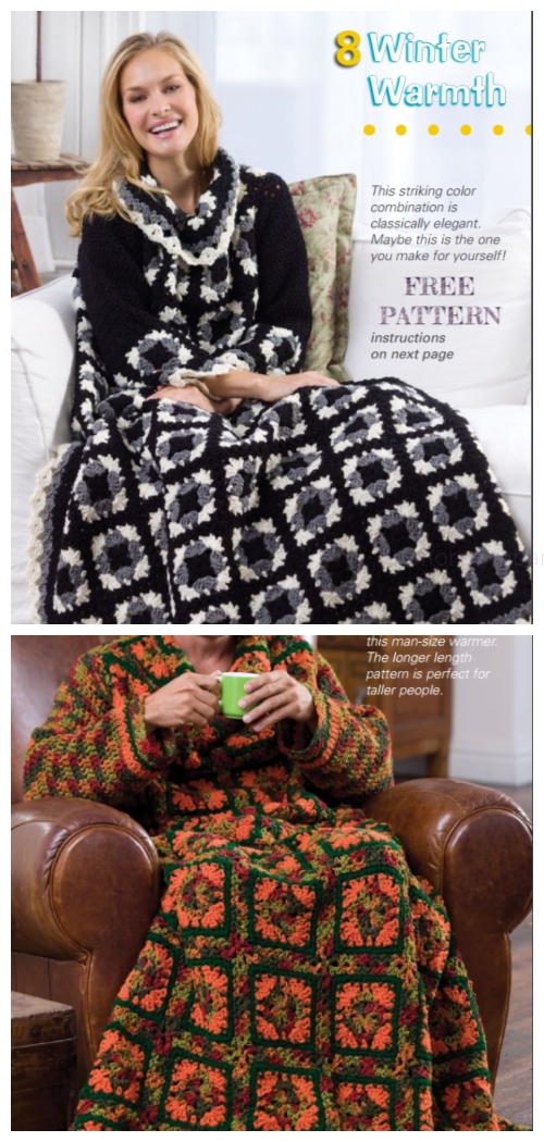 Crochet Women & Men Granny Square Snuggle Up Blankets With Sleeves Free Patterns