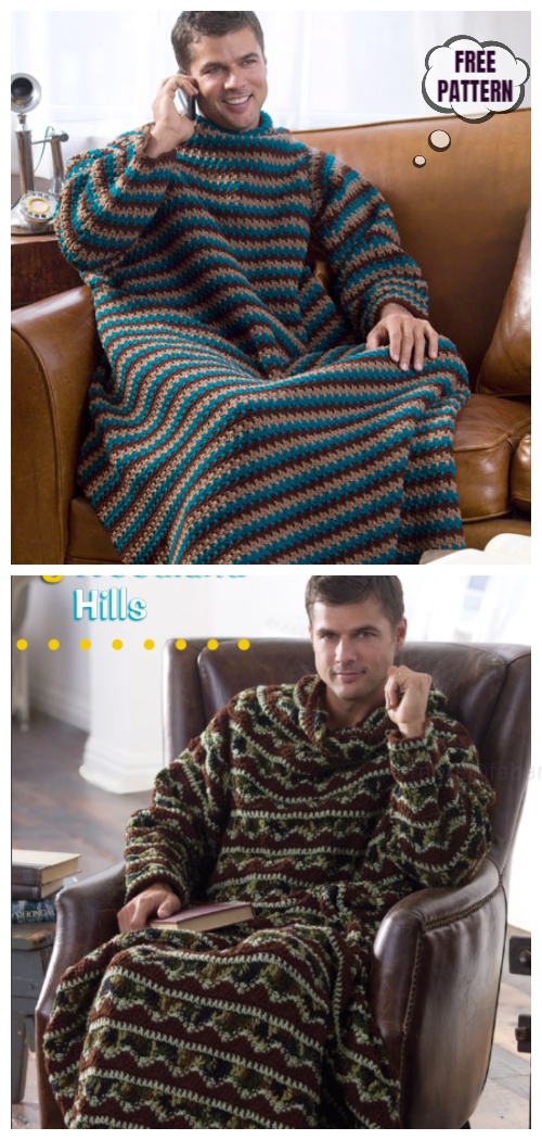 Crochet Men Stripe Snuggle Up Blankets With Sleeves Free Patterns