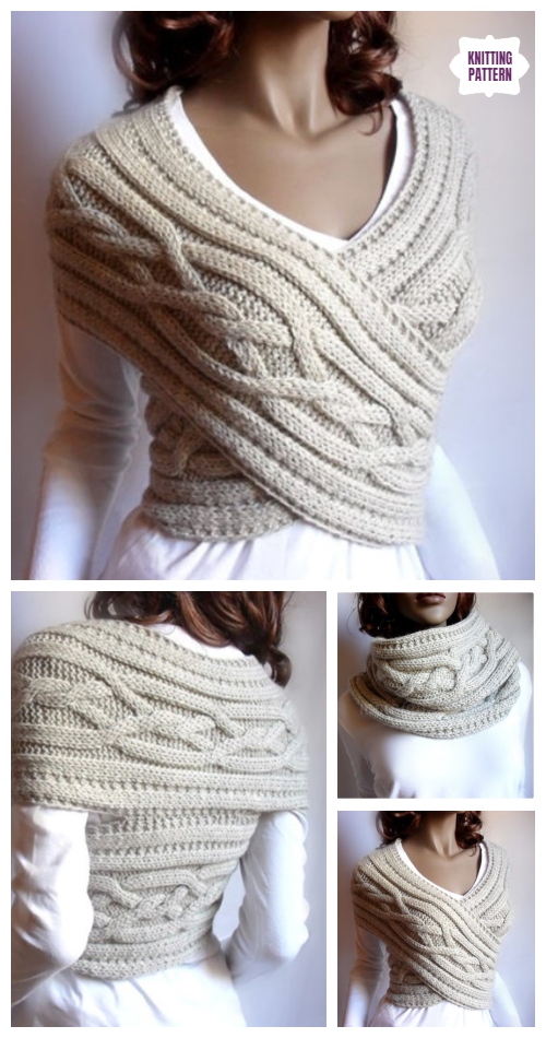 Knit Woman Cable Sweater Cowl Vest Knitting Pattern