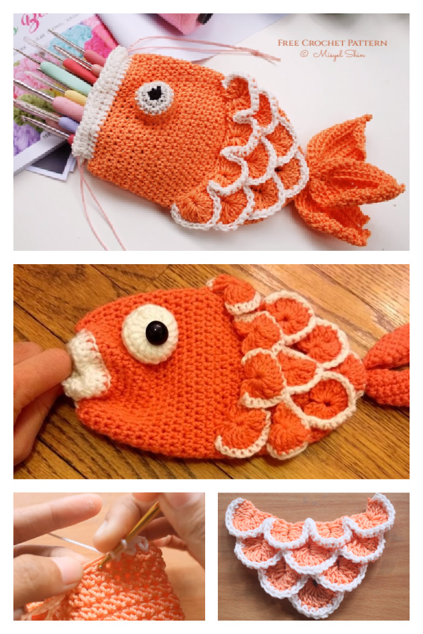DIY drawstring fish pouch Crochet Free Pattern Video Tutorial