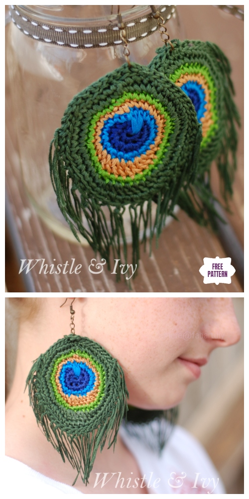 Crochet Peacock Earrings Free Patterns-Crochet Peacock Feather Earrings Free Pattern