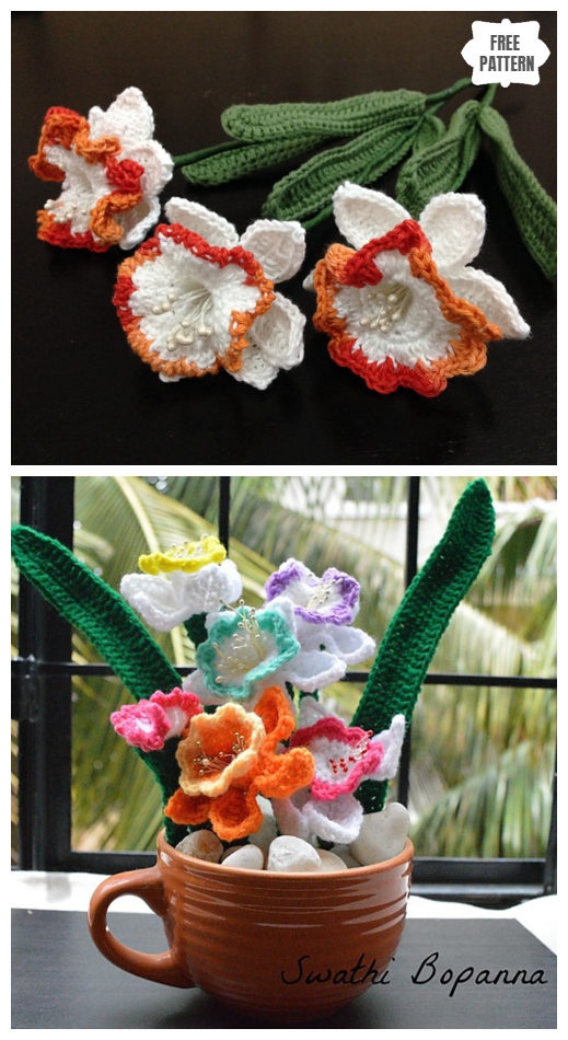 Spring Daffodil Flower Free Crochet Patterns - Crochet Row of Daffodils free pattern