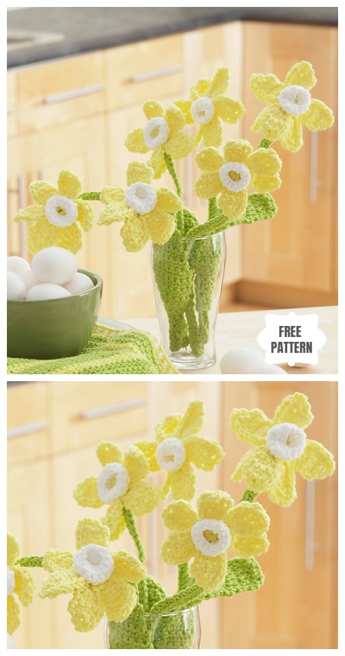 Spring Daffodil Flower Free Crochet Patterns  - Crochet Daffodil Bouquet Free Pattern