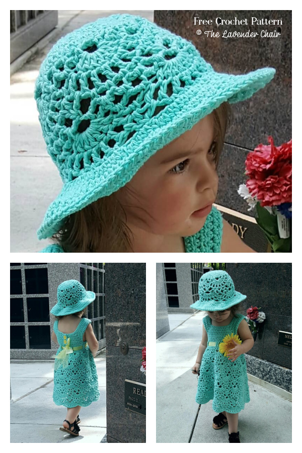Little Girls Lacy Shells Dress&Hat Set Crochet Free Patterns