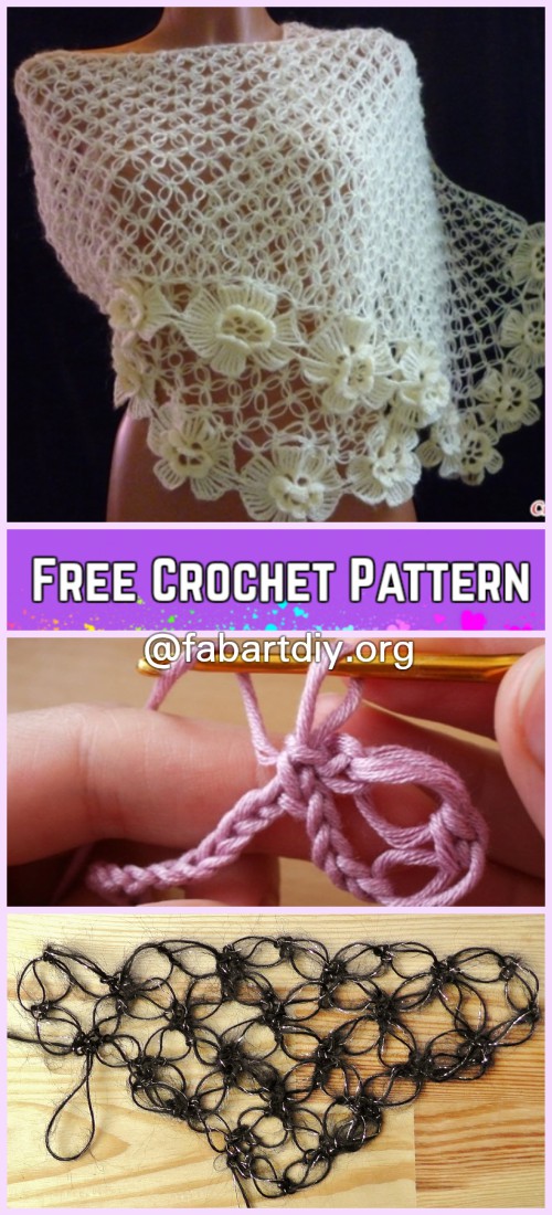 Crochet Solomon Knot Stitch Shawl HairPIN Flower Edging Free Pattern