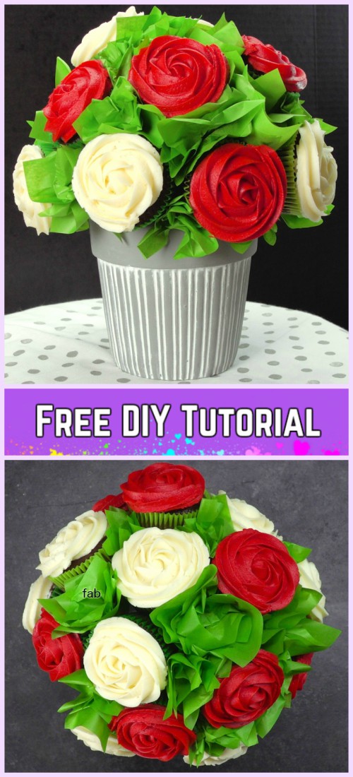 DIY Flower Cupcake Bouquet in Pot Tutorials- DIY Cupcake Bouquet Recipe with video tutorial