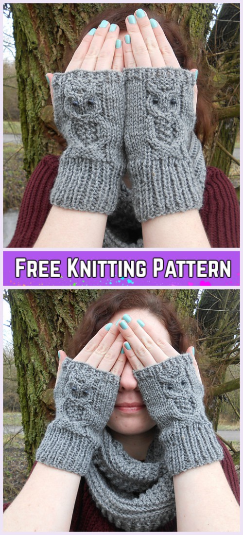Free owl fingerless gloves knitting pattern - Gathered
