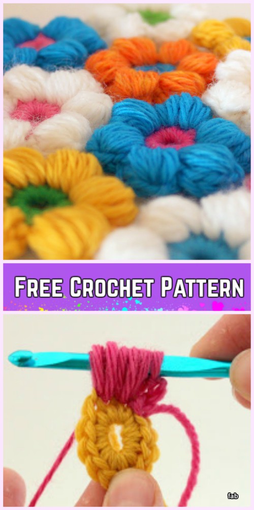 Crochet 6 Petal Puff Stitch Flower Blanket Free Pattern