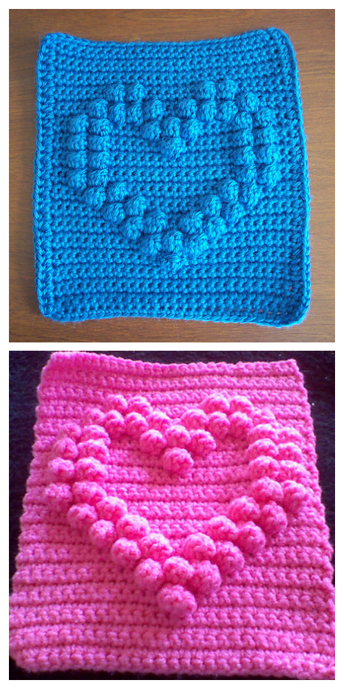 Hollow Bobble Heart Square Crochet Free Pattern