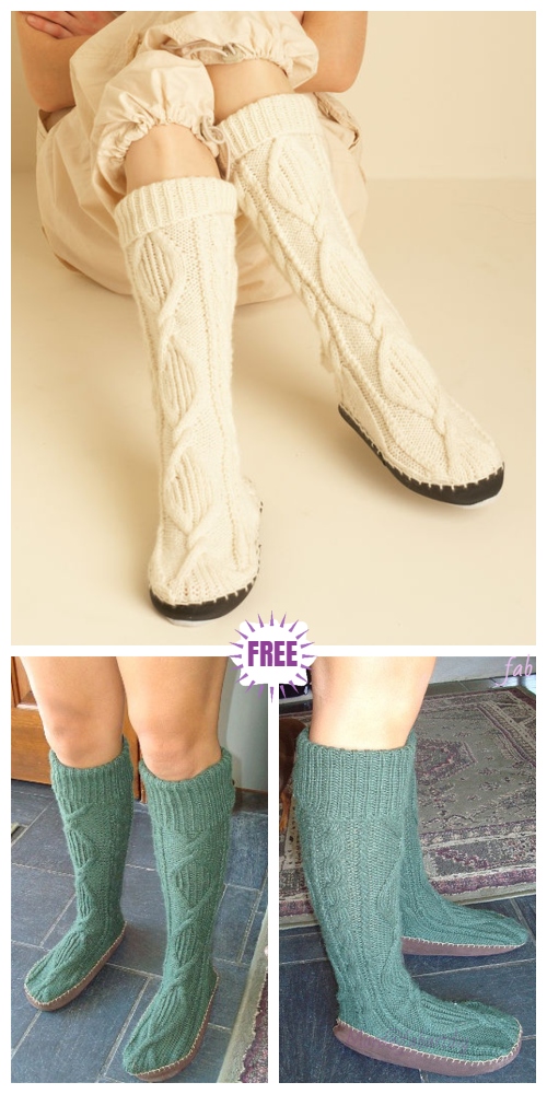 Knit Knee-high Cable Slipper Socks Free Knitting Pattern