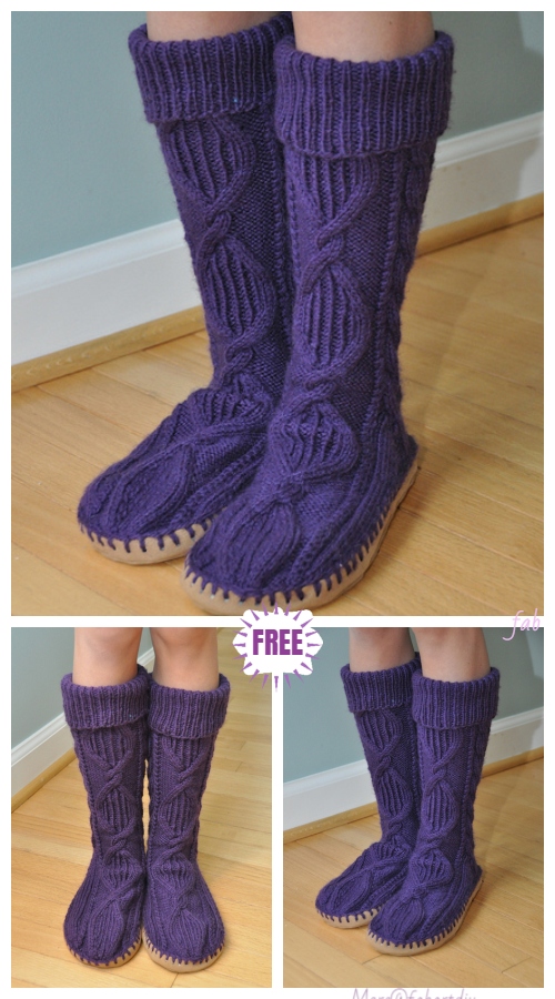 Knit Knee-high Cable Slipper Socks Free Knitting Pattern