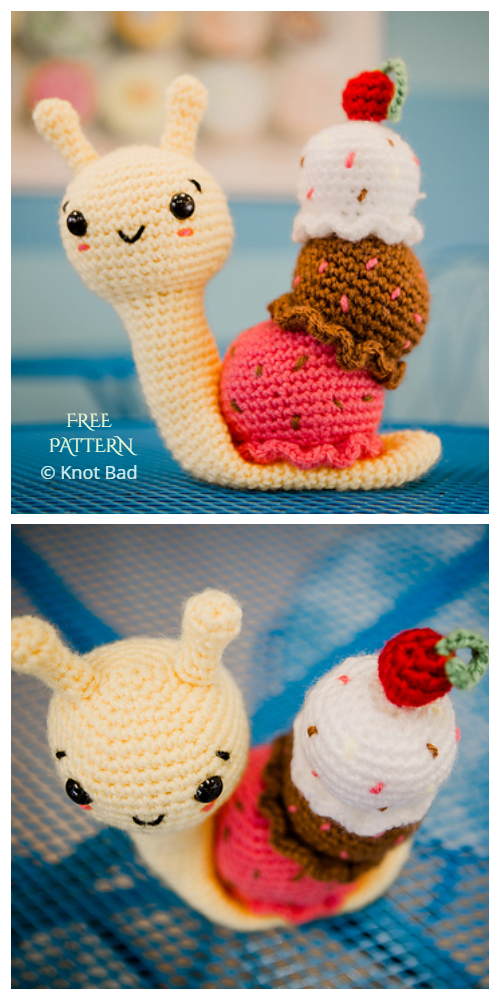 Crochet Banana Split Ice Cream Snail Amigurumi Free Pattern