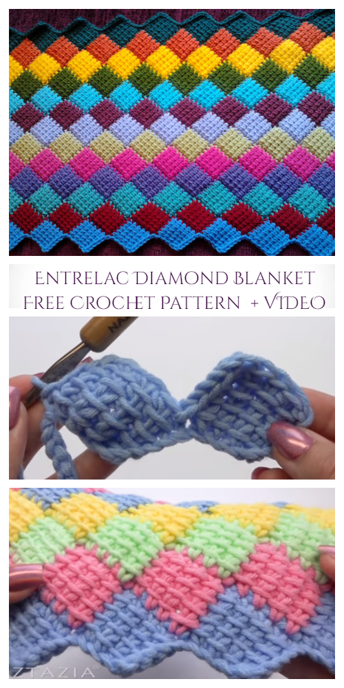Tunisian Crochet Entrelac Diamond Blanket Free Crochet Pattern +Video