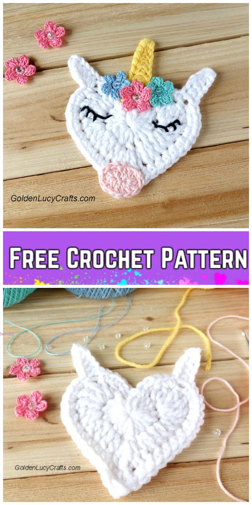 Heart Shaped Crochet Unicorn Applique Free Crochet Pattern