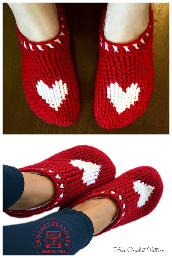 Zapatillas de crochet con corazón y suela Patrón de ganchillo gratis - Niños y mujeres