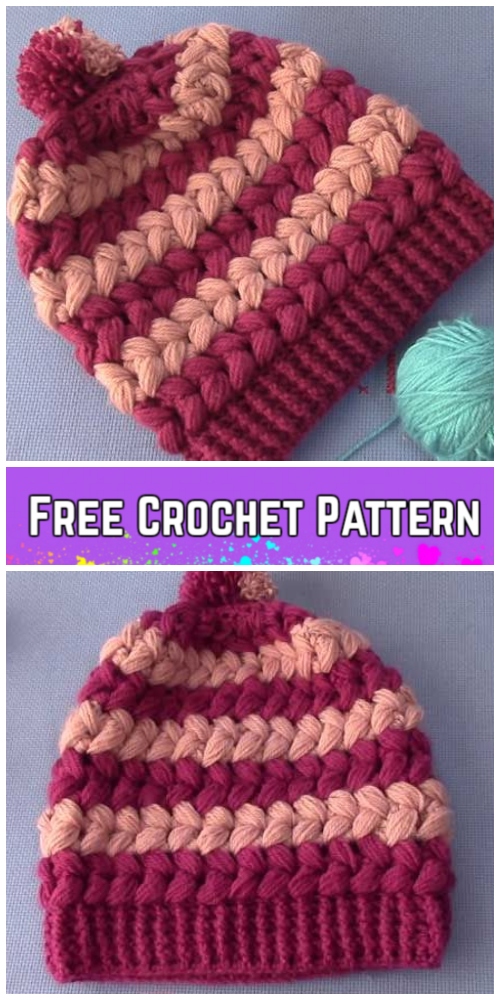 Crochet Cross Bean Puff Beanie Hat Free Crochet Pattern - Video