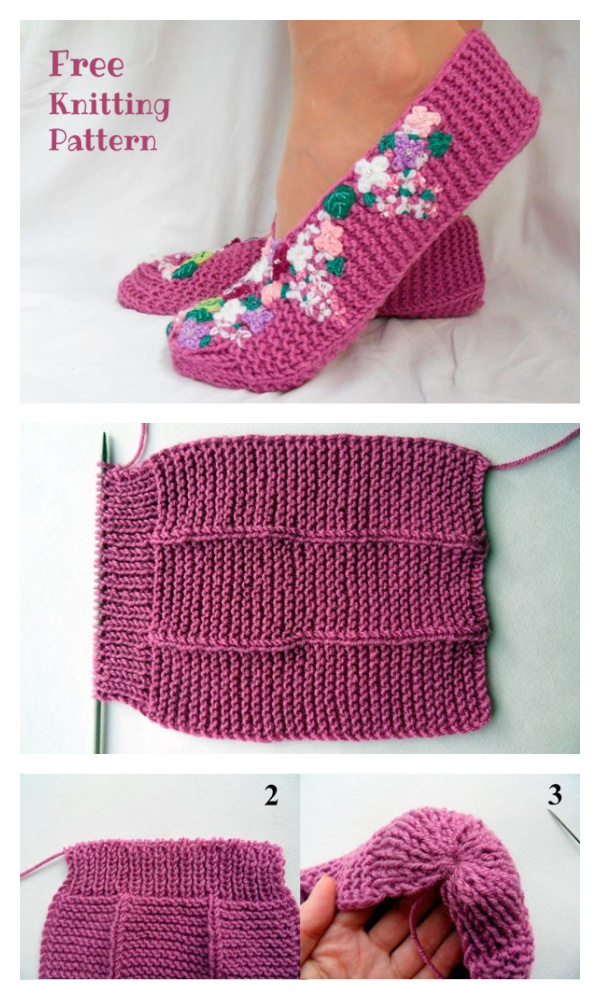 Stockinette Stitch Knit Flower Lilac Slippers Free Knitting Pattern