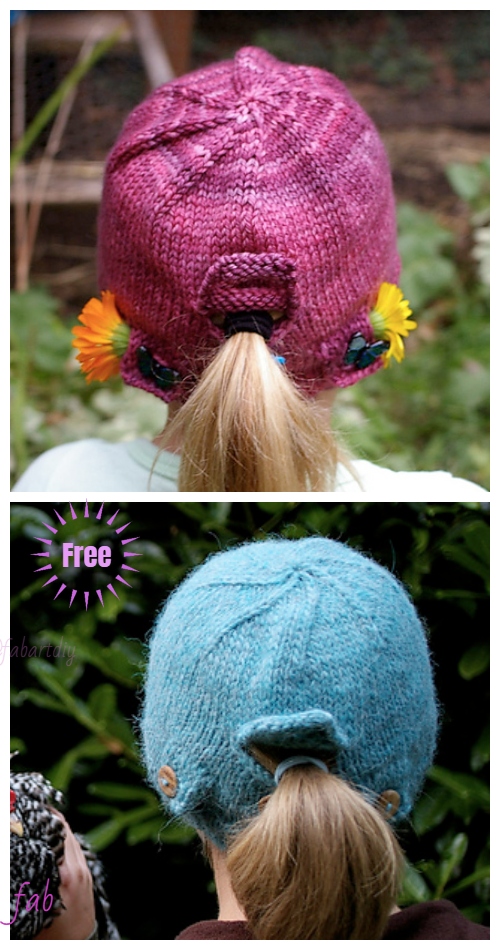 Knit Girls Urban Homesteader Ponytail Hat Free Knitting Pattern