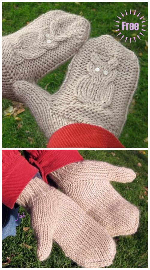 Knit Give a Hoot Cable Owl Mittens Free Knitting Pattern - Adult Size