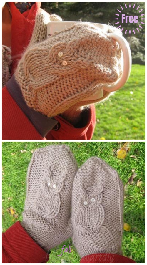 Knit Give a Hoot Cable Owl Mittens Free Knitting Pattern - Adult Size