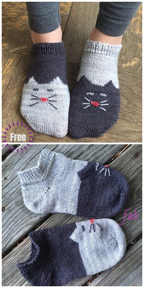 Knit Ying Yang Kitty Cat Ankle Sock Free Knitting Pattern