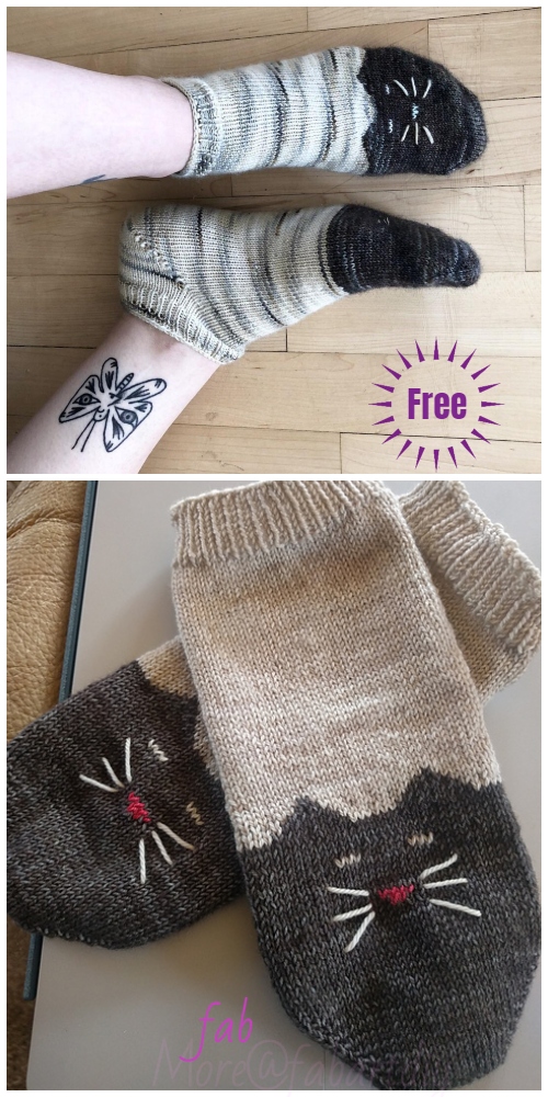 Knit Ying Yang Kitty Cat Ankle Sock Free Knitting Pattern