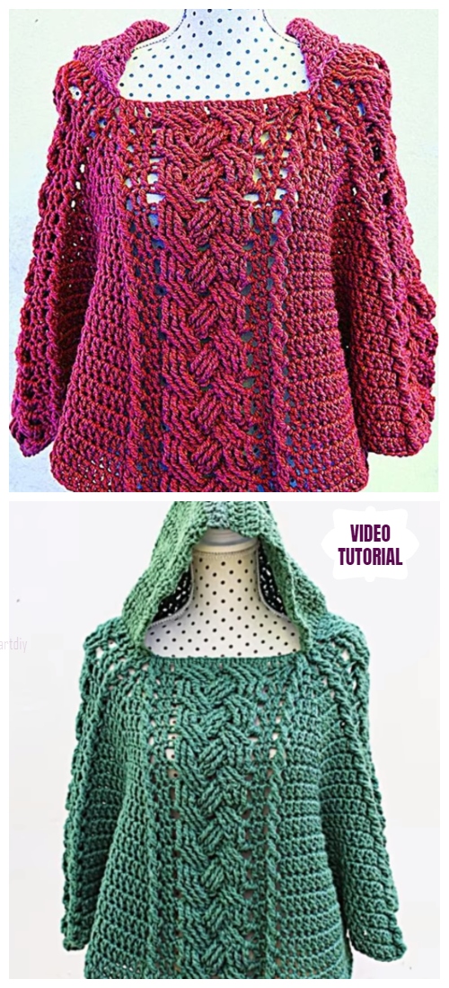 Crochet Cable Hooded Poncho Free Crochet Pattern - Video