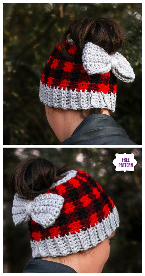 Crochet Plaid Messy Bun Hat Free Crochet Patterns