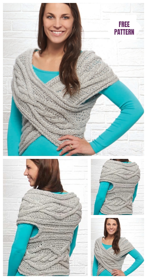 Knit Woman Cable Sweater Cowl Vest Knitting Pattern - Cable Cross Shrug Free Knitting Pattern