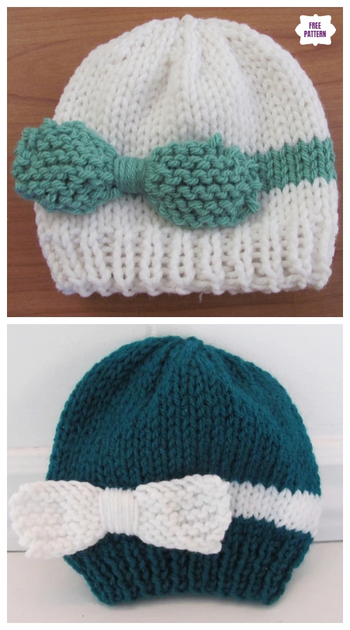Knit Bow Baby Beanie Hat Free Knitting Pattern