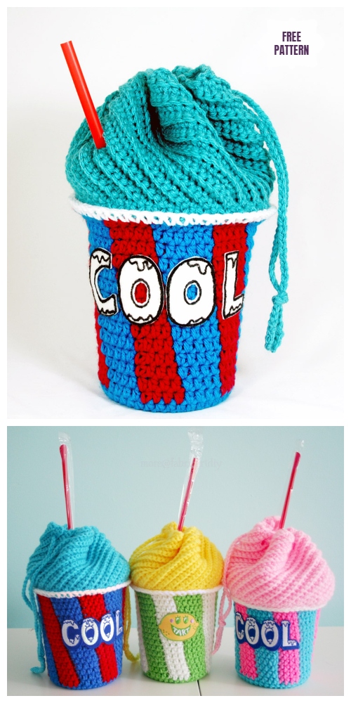 Crochet Slushee Cup Drawstring Bag Free Crochet Pattern