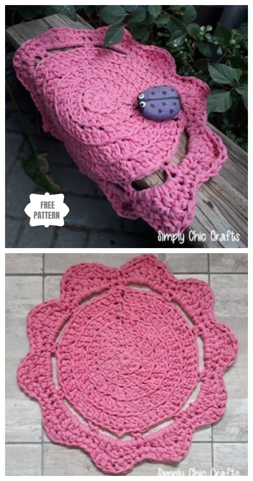 Crochet Recycled Old T-shirts Flower Rug Free Pattern