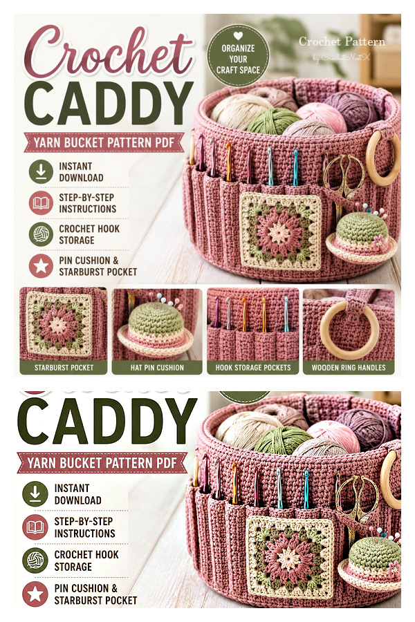 Yarn Bucket Organizer Hook Storage Basket Crochet Pattern