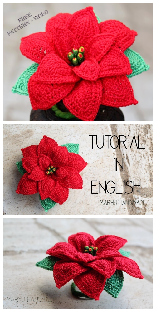 Christmas Crochet Poinsettia Flower Free Patterns + Video