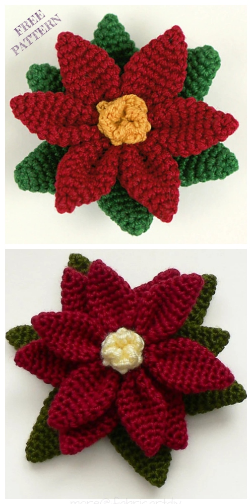 Christmas Crochet Poinsettia Flower Free Patterns + Video