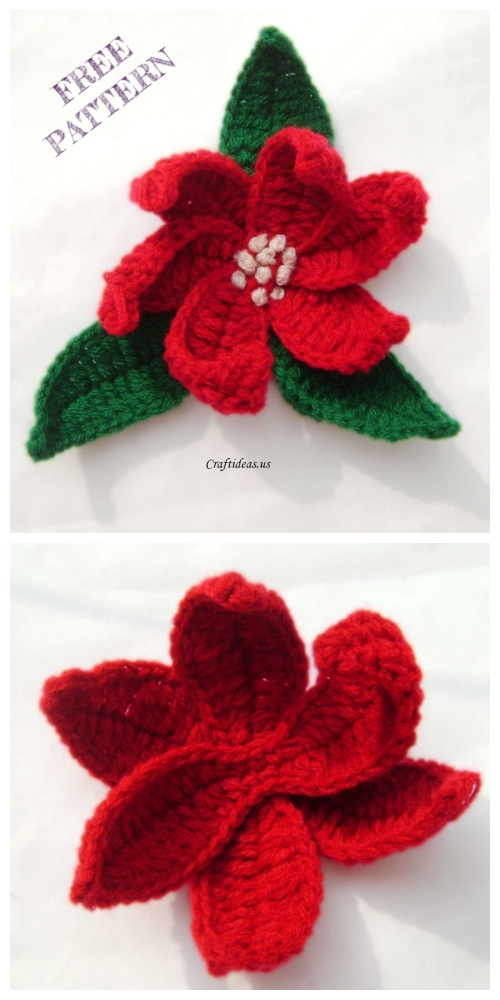 Christmas Crochet Poinsettia Flower Free Patterns + Video