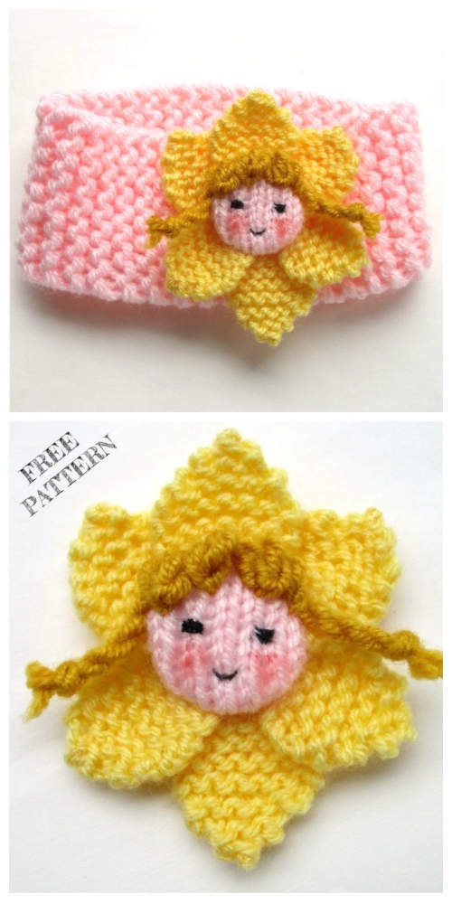 Knit Daffodil Doll Baby Headband Free Knitting Pattern