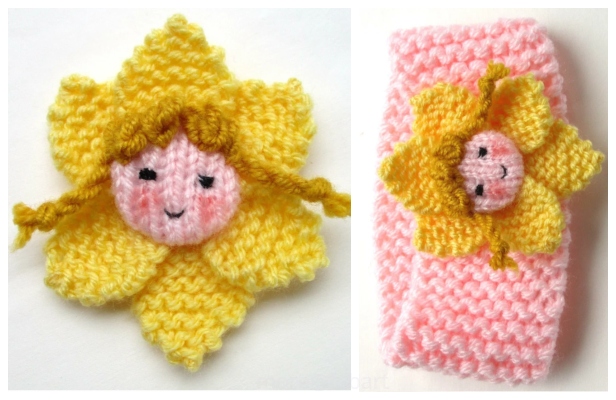 Knit Daffodil Doll Baby Headband Free Knitting Pattern