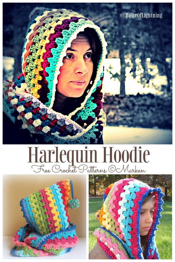 Crochet Granny Harlequin Hooded Cowl Free Crochet Pattern