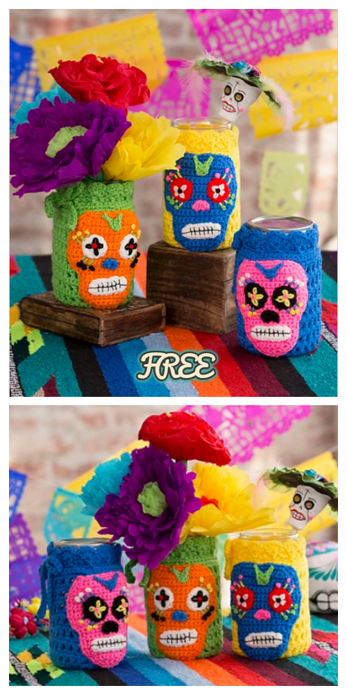 Crochet Day Of The Dead Skull Jar Cozy Free Crochet Pattern