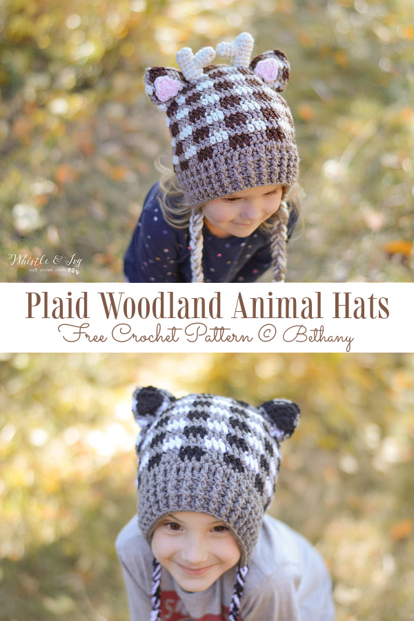 Plaid Woodland Animal Hats Free Crochet Patterns
