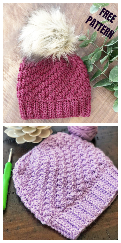Diagonal Raised Beanie Hat Free Crochet Pattern