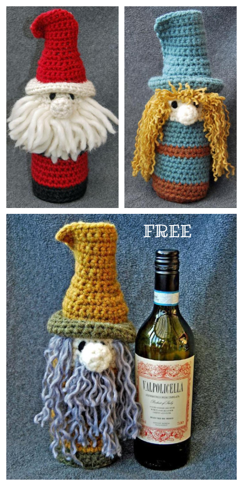 Christmas Scandinavian Gnome Bottle Buddy Cozy Free Crochet Patterns