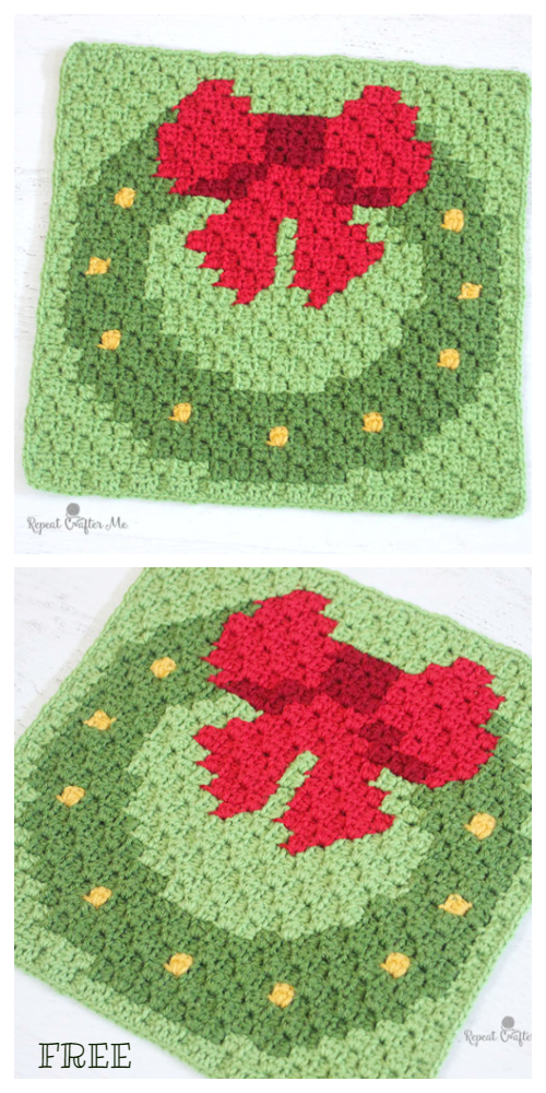 Christmas C2C Pixie Wreath Granny Square Free Crochet Patterns